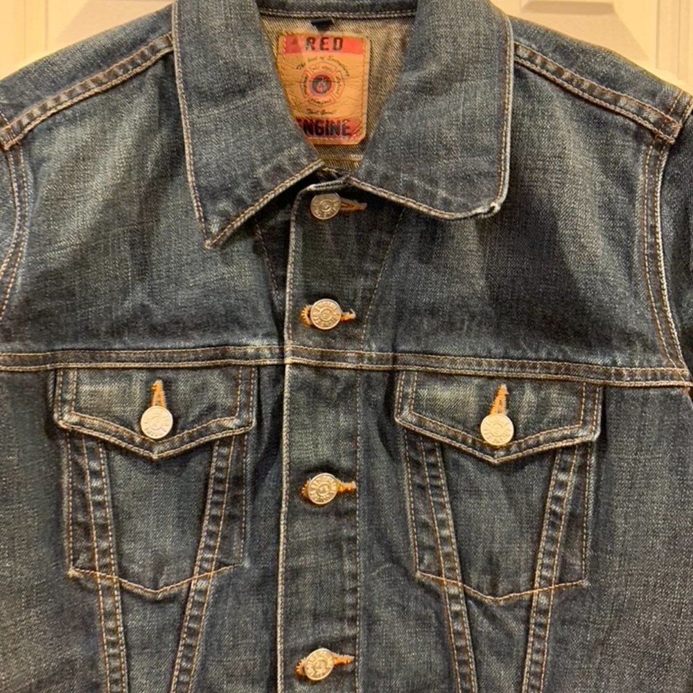 Red Engine Cropped Long Sleeve Jean Jacket - Picture 2 of 7